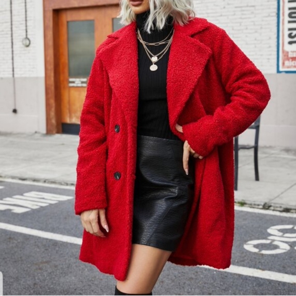 Red Faux fur teddy pea coat contemporary - Picture 2 of 10